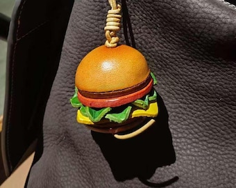 Hamburger Leather Charm Hand-Painted Handmade Cute Purse Keychain Fun Burger Accessory Car Keys Food Pendant Personalized Miniature Gift