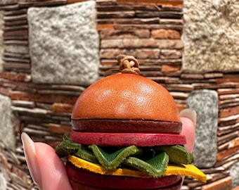 Hamburger Leather Charm Hand-Painted Handmade Cute Purse Keychain Fun Burger Accessory Car Keys Food Pendant Personalized Miniature Gift