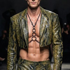 Könnte beinhalten: Ein Model auf einem Laufsteg, das ein Outfit mit Schlangenmuster trägt. Das Ensemble umfasst eine kurze Jacke, eine passende Hose und ein schwarzes Metall-Körpergeschirr. Jacke und Hose sind in Grün- und Brauntönen gehalten.