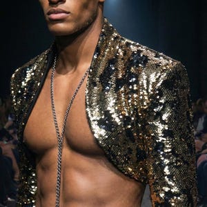 Può includere: Bolero e pantaloni abbinati con paillettes oro e nere. Una collana a catena d'argento pende sul petto. L'outfit è indossato da una persona con la carnagione scura. Lo sfondo è scuro.