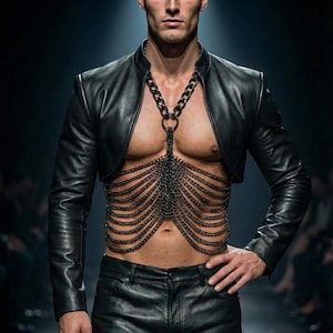 Op de afbeelding: Een zwarte leren jas met lange mouwen en een cropped design, gecombineerd met een zwarte leren broek. Een decoratief borststuk van maliënkolder wordt over de blote borst gedragen. De outfit wordt op een catwalk gedragen.