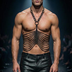 May include: A black metal chain chest harness with a large ring at the neck and multiple chains cascading down the torso. The model is wearing black leather pants. The background is dark.