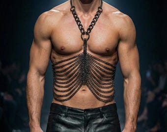 Men's Body Chain Harness Layered Metal Chains Statement Festival Necklace Rave