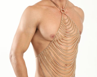 Body chain men gold bodychain man harness cuban chain jewelry Larp Viking Apocalyptic Armor Medieval Costum Cosplay Steel Men Gold