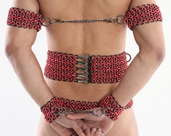 Harness Man body chain Set Red Fire, Harness Gear, , Collar, Handcuffs, Thigh Cuffs, arm cuffs, Belt Gear