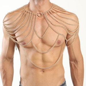 Chaîne de corps épaule homme or chaîne de corps homme harnais chaîne cubaine bijoux GN Viking apocalyptique armure costume médiéval cosplay acier hommes or image 1