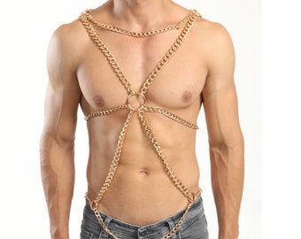 Gold Body Chain Harness: Adjustable Men's Jewelry, Apocalyptic Costume