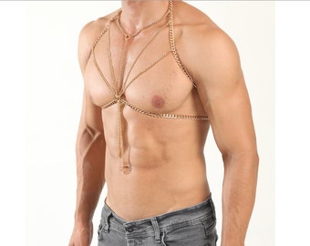 Chaîne de corps hommes Or bodychain homme harnais hommes bijoux Larp Viking Apocalyptique Armure Médiévale Costum Cosplay Acier Hommes Or