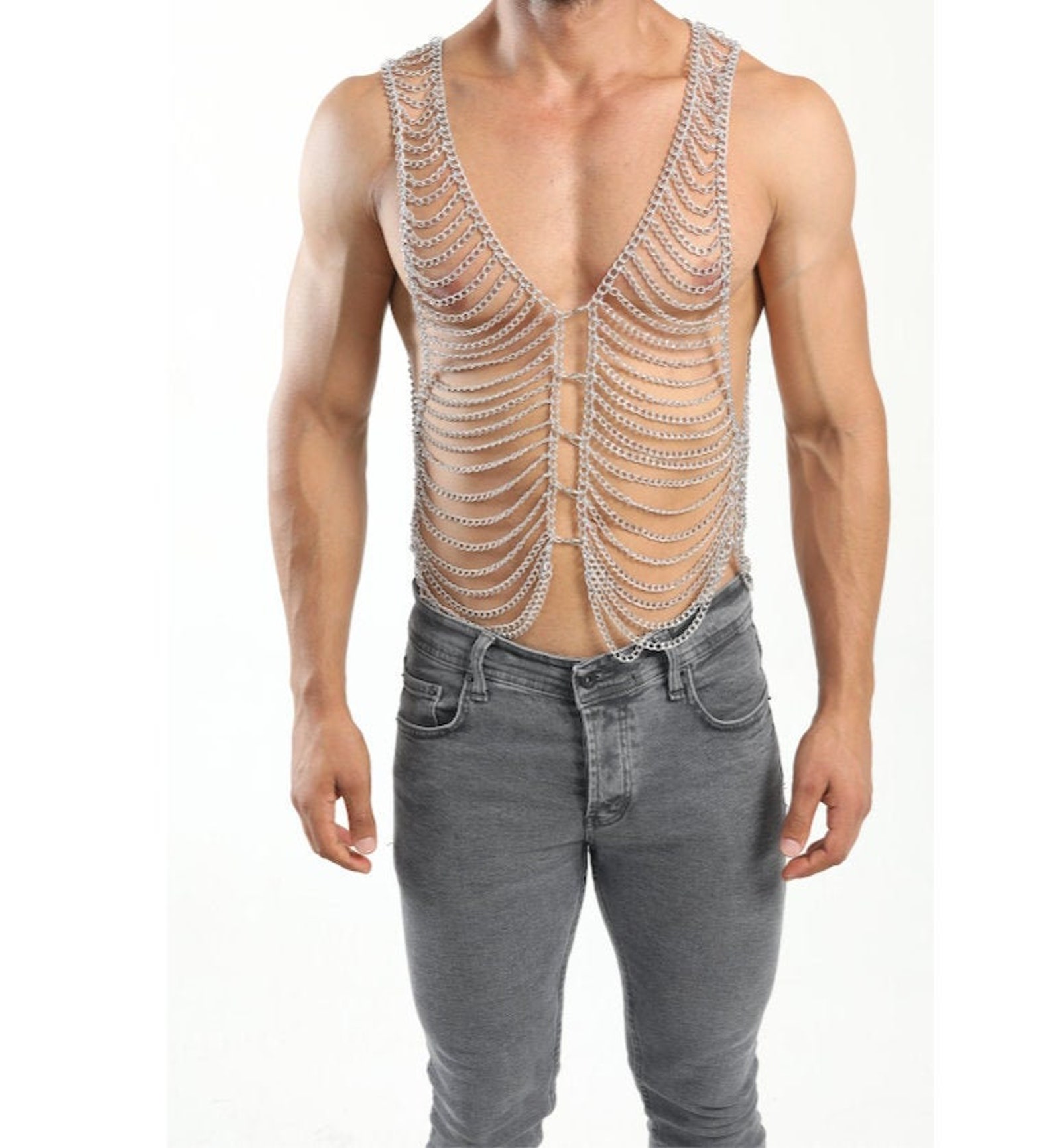 Body Chain Vest Men Silver Bodychain Man Harness Cuban Chain Jewelry