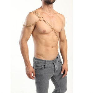 Body chain harness  men Gold bodychain Shoulder man harness men jewelry Larp Viking Apocalyptic Armor Medieval Costum Cosplay Steel Men Gold