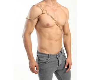 Gold Body Chain Harness: Men's Shoulder Jewelry, Apocalyptic Costume