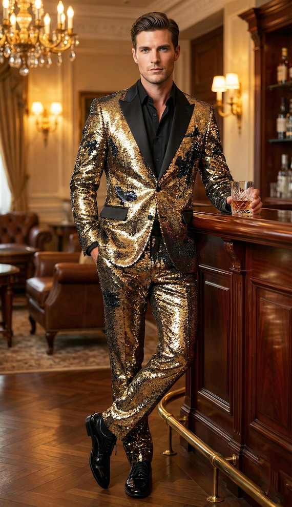 slim fit dress slacks Mens Shiny Gold Sequin Double Breasted Designer Dress Jacket Blazer Louis Vino LVB5 Large 42 Slim Fit Jacket