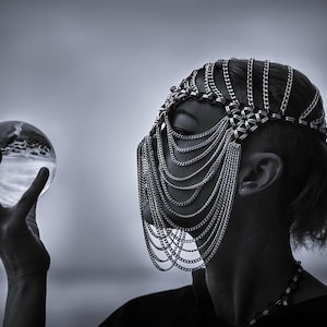 chain mask cleopatra cosplay halloween costume burning man silver gold black Larp Viking Apocalyptic Armor Medieval Costum Cosplay Steel