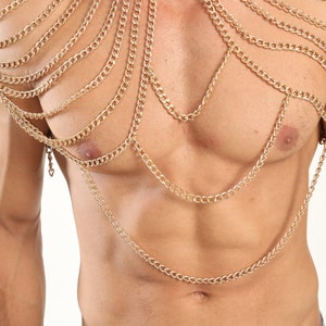 Body chain shoulder men gold bodychain man harness cuban chain jewelry Larp Viking Apocalyptic Armor Medieval Costum Cosplay Steel Men Gold image 3