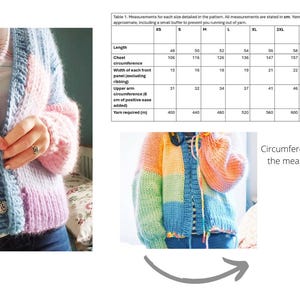 May include: A chunky knit cardigan in pastel colors, including pink, blue, and purple. The sweater has a button-up front and a ribbed hem. The image also includes a size chart with measurements in centimeters.