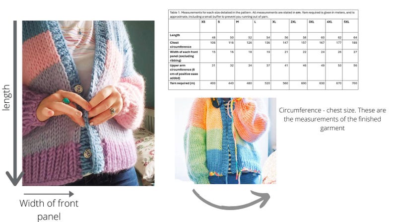 May include: A chunky knit cardigan in pastel colors, including pink, blue, and purple. The sweater has a button-up front and a ribbed hem. The image also includes a size chart with measurements in centimeters.