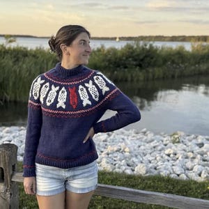 May include: A navy blue long-sleeve sweater featuring a high collar and a circular yoke pattern. The yoke displays a repeating design of white fish silhouettes interspersed with a single red fish, accented by thin red and white geometric border lines.