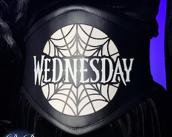 Wednesday Addams Corset Belt – Black Waist Belt with Nevermore Window Motif – Gothic Cosplay or Halloween Costume