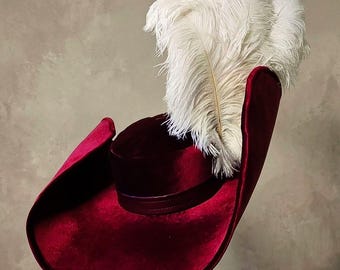 Captain Hook Hat | Professional Cavalier Musketeer Hat | Red Velvet & Felt | Movie Accurate Peter Pan | Handmade Custom Made | Real Feather