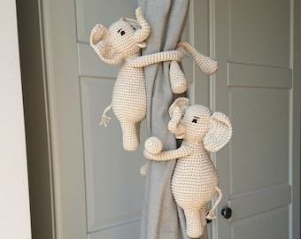 Crochet Elephant Nursery Curtain Tie Backs: 100% Cotton Pair