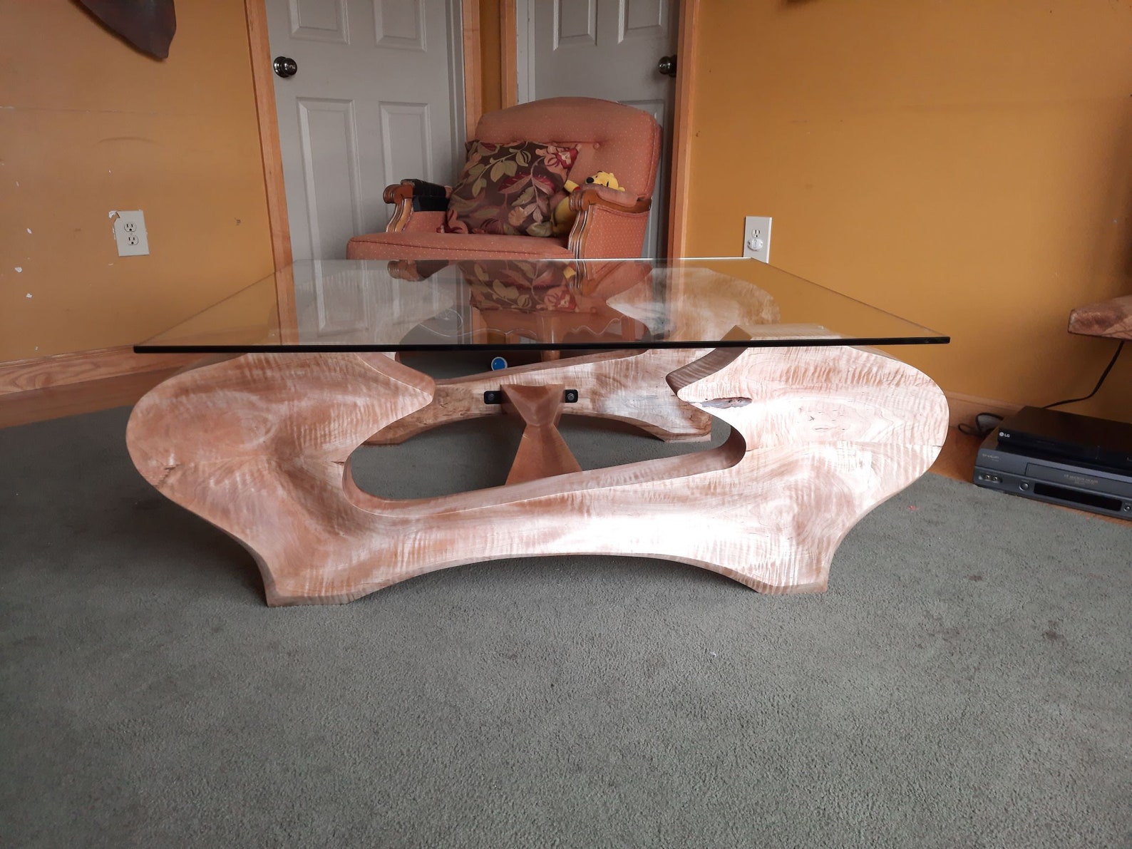 Tiger Maple Sculptural Glass Top Coffee Table 10 OFF, Modern Design Coffee Table, Handmade Wood