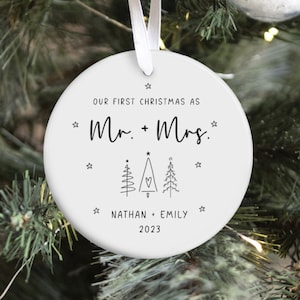 First Christmas Married Ornament Mr Mrs Ornament Personalized Wedding Gift Newlywed Christmas Gift Our First Christmas Ornament Round