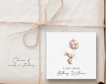 Personalized Bunny Balloons Calling Cards ~ Bunny Enclosure Cards ~ Square Gift Card ~ Bunny Stickers ~ Personalized Gift Tags