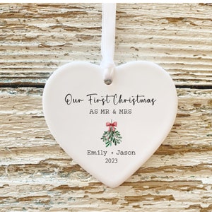 Mr and Mrs Christmas Ornament / Personalized Wedding Gift / First Christmas Married Ornament / Newlywed Gift / Our First Christmas Ornament Mistletoe Heart