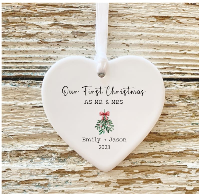 Mr and Mrs Christmas Ornament / Personalized Wedding Gift / First Christmas Married Ornament / Newlywed Gift / Our First Christmas Ornament Mistletoe Heart