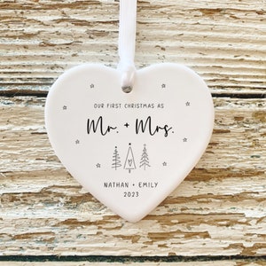 First Christmas Married Ornament Mr Mrs Ornament Personalized Wedding Gift Newlywed Christmas Gift Our First Christmas Ornament Heart With Trees