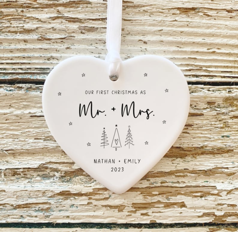 First Christmas Married Ornament Mr Mrs Ornament Personalized Wedding Gift Newlywed Christmas Gift Our First Christmas Ornament Heart With Trees