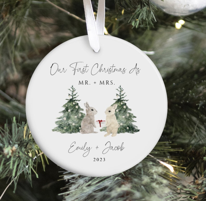 Mr and Mrs Christmas Ornament / Personalized Wedding Gift / First Christmas Married Ornament / Newlywed Gift / Our First Christmas Ornament Bunnies