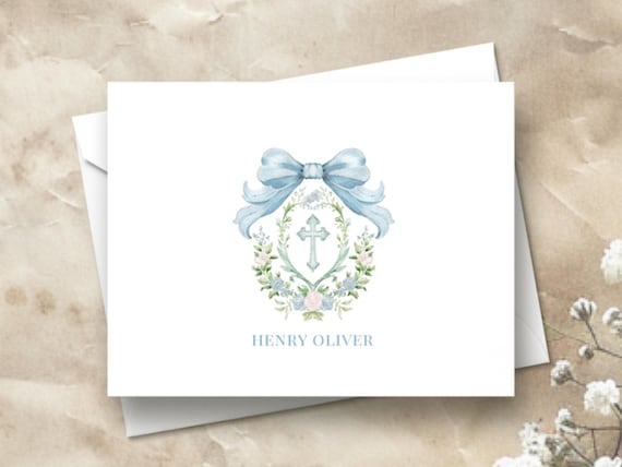 Baptism Cards | Baby Boy Crest Cross Cards | Personalized Notecards | Baby Crest | Baptism Thank You Cards | God Bless Baby | Christening