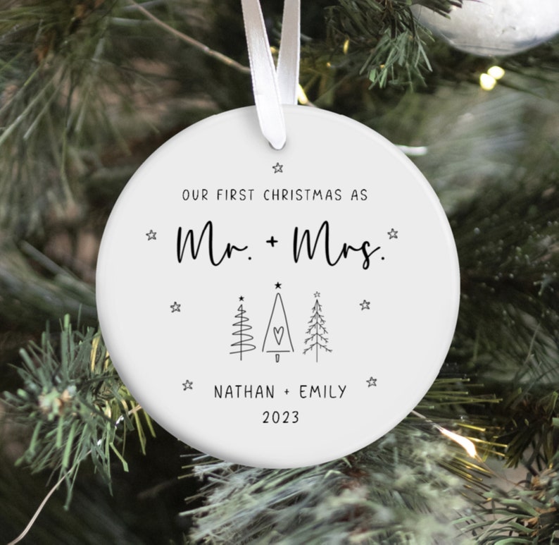 First Christmas Married Ornament Mr Mrs Ornament Personalized Wedding Gift Newlywed Christmas Gift Our First Christmas Ornament Round