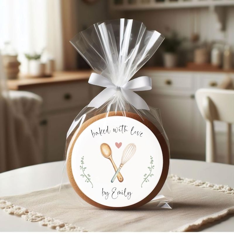 Puede incluir: Una galleta redonda marr&oacute;n con una pegatina blanca que dice "baked with love by Emily". La pegatina tiene un coraz&oacute;n rosa y un dibujo de una cuchara de madera y un batidor.