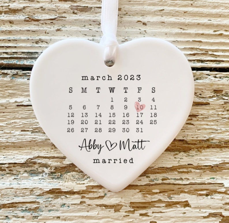 Married Ornament Wedding Gift Wedding Date ornament Calendar Anniversary Gift Our First Christmas Newlywed Gift Engagement Gift Style Picture 1