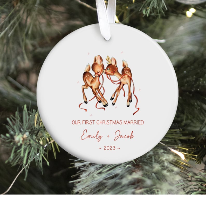 First Christmas Married Ornament Mr Mrs Ornament Personalized Wedding Gift Newlywed Christmas Gift Our First Christmas Ornament Vintage Deer