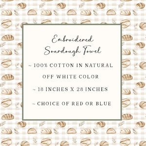 Puede incluir: Un pa&ntilde;o de cocina con un patr&oacute;n repetitivo de panes de masa madre marrones sobre un fondo a cuadros beige claro. El texto dice: Embroidered Sourdough Towel, 100% cotton in natural off white color, 46 cm x 71 cm, choice of red or blue.