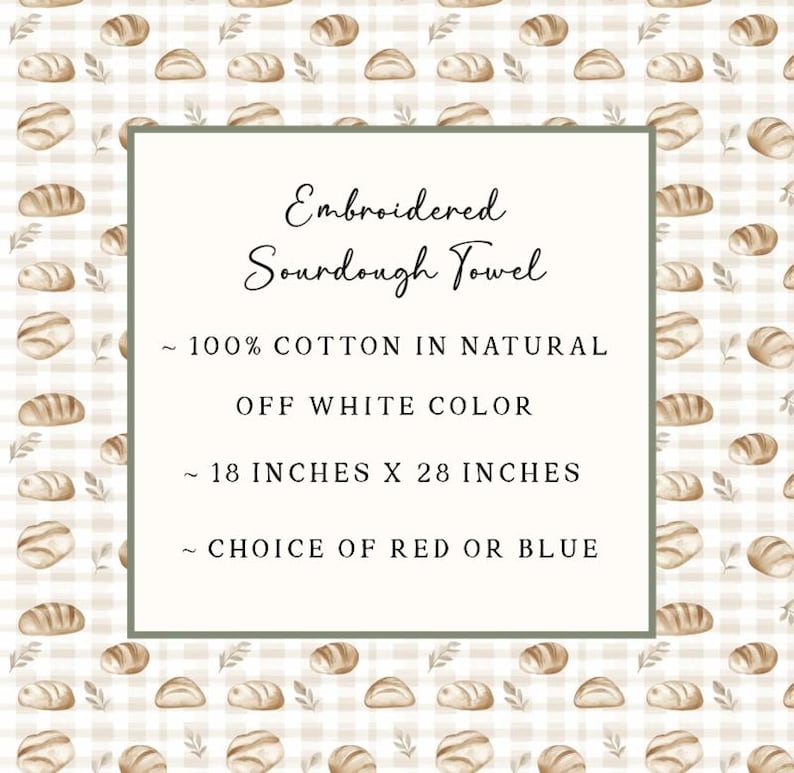 Puede incluir: Un pa&ntilde;o de cocina con un patr&oacute;n repetitivo de panes de masa madre marrones sobre un fondo a cuadros beige claro. El texto dice: Embroidered Sourdough Towel, 100% cotton in natural off white color, 46 cm x 71 cm, choice of red or blue.
