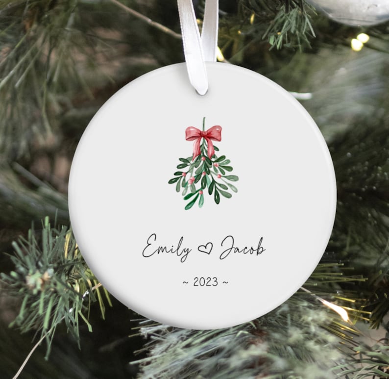 Personalized Stocking Ornament / First Christmas Together Ornament /Married Ornament/Engaged Ornament / Couples Ornament/ Christmas Gift/ Round Mistletoe