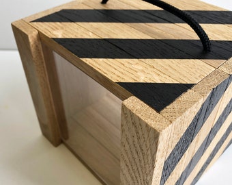 Wooden and acrylic glass storage box. Solid oak box with lid and transparent sides.