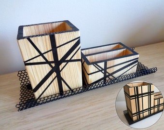 Desk organizer in recycled solid wood and metal. Smartphone holder. Pencil case. Plaid or lines desk accessory.