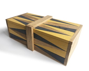 Solid wood box. Oak storage box, yellow/grey geometric patterns. Tea box.