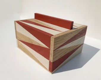 Terracotta/linen geometric pattern wooden box. Office accessory. Solid oak storage box.
