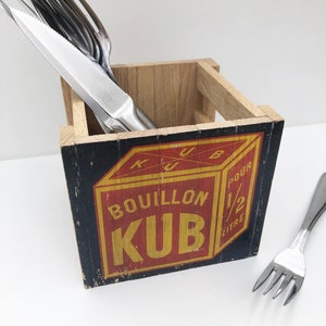 Olla para utensilios/cubiertos de madera maciza, estilo mercadillo. Caja de almacenamiento de cocina de roble con asas, estilo vintage.