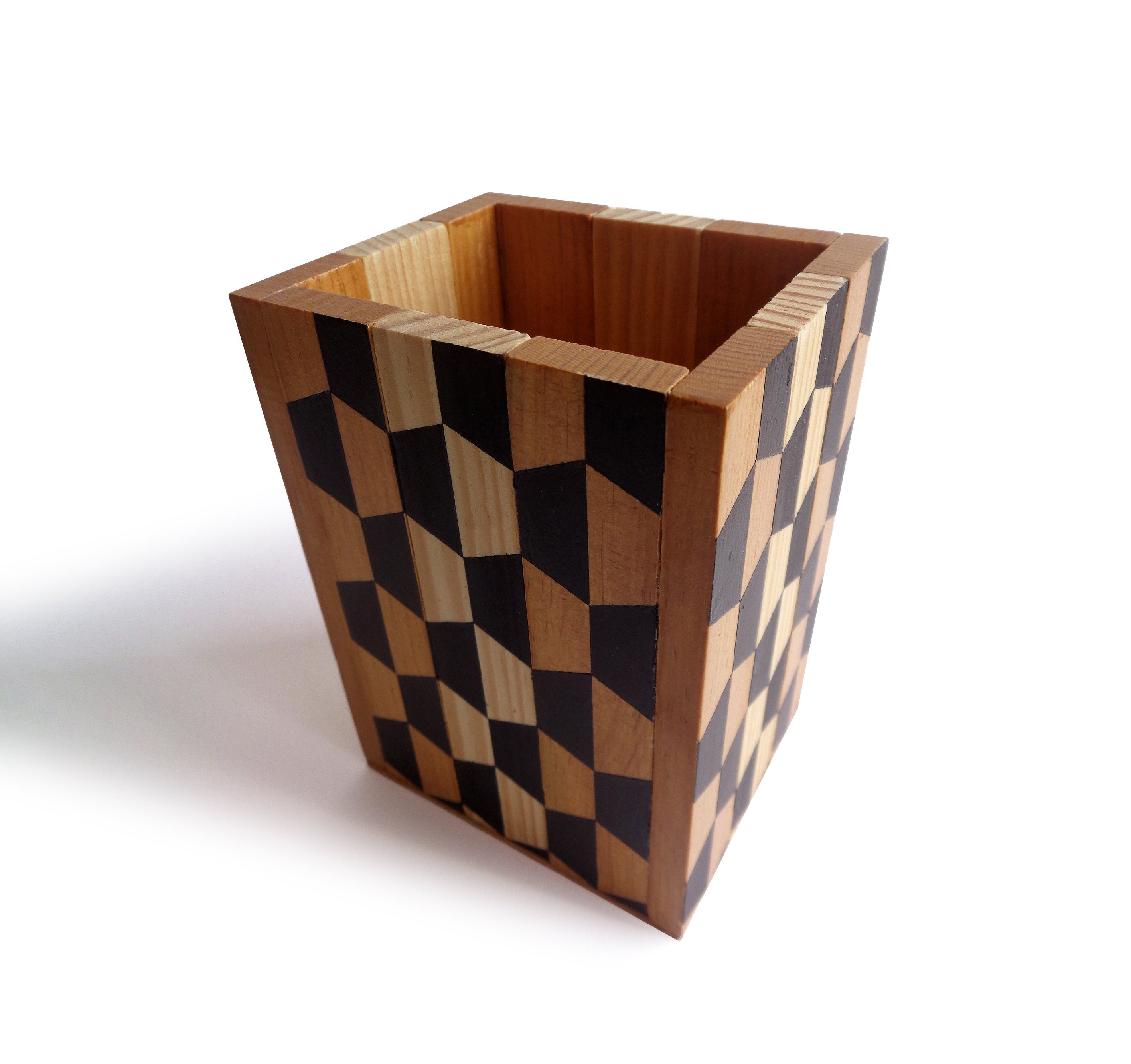 Pot à Crayons ou Pinceaux en Bois Recyclé Rectangle Motif Géométrique. Accessoire de Bureau. Organis