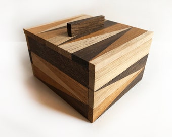 Geometric pattern wooden box. Office accessory. Solid oak storage box.