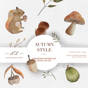Aquarel dier en herfstbladeren herfst cliparts en patronen voor scrapbooking, decoraties, uitnodigingen, ansichtkaarten, stickers