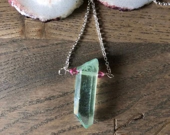 Green quartz crystal point necklace