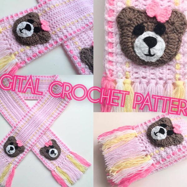 Teddy Bear Scarf Pattern, Toddler Scarf Pattern, Girl Pink Scarf Pattern, Digital Pattern, Step by step Guide